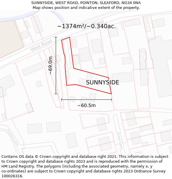 SUNNYSIDE, WEST ROAD, POINTON, SLEAFORD, NG34 0NA: Plot and title map