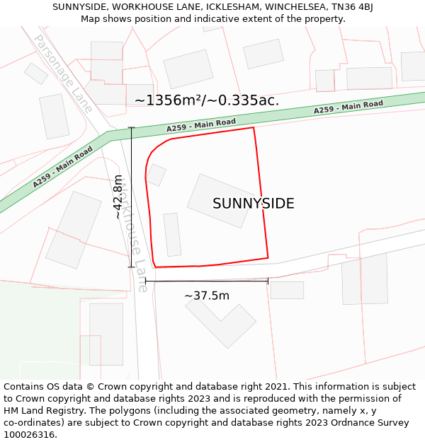 SUNNYSIDE, WORKHOUSE LANE, ICKLESHAM, WINCHELSEA, TN36 4BJ: Plot and title map