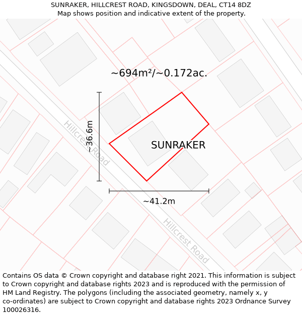 SUNRAKER, HILLCREST ROAD, KINGSDOWN, DEAL, CT14 8DZ: Plot and title map