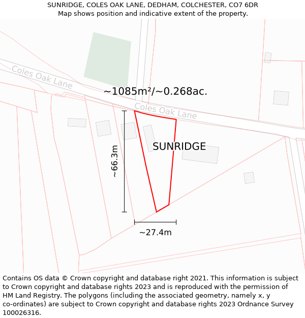 SUNRIDGE, COLES OAK LANE, DEDHAM, COLCHESTER, CO7 6DR: Plot and title map