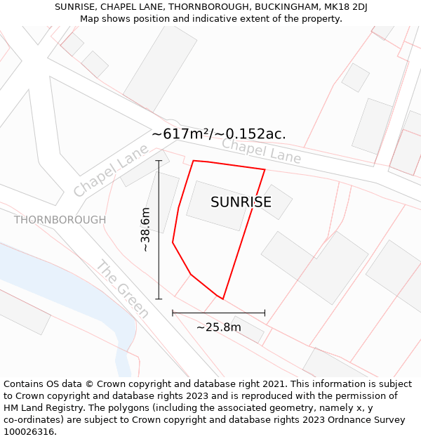 SUNRISE, CHAPEL LANE, THORNBOROUGH, BUCKINGHAM, MK18 2DJ: Plot and title map