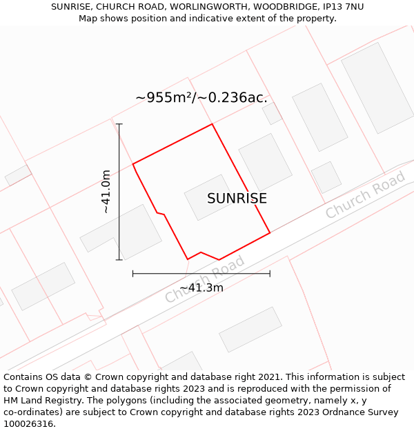 SUNRISE, CHURCH ROAD, WORLINGWORTH, WOODBRIDGE, IP13 7NU: Plot and title map