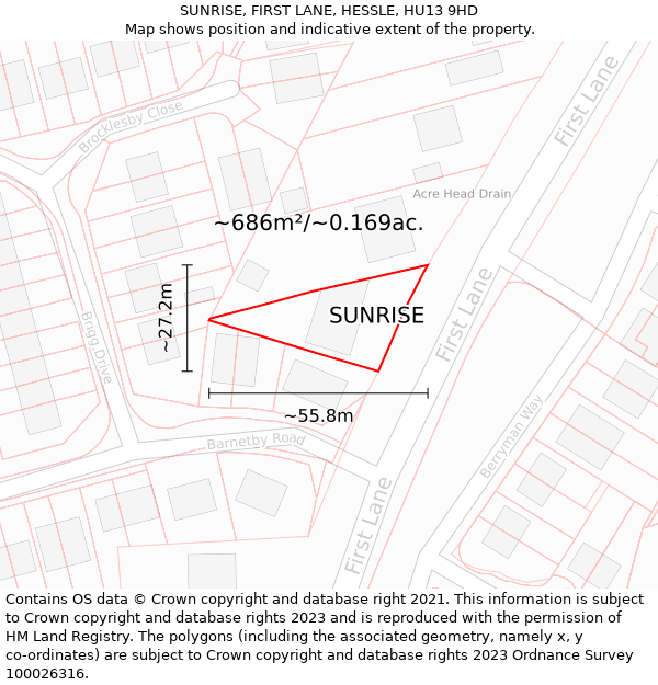 SUNRISE, FIRST LANE, HESSLE, HU13 9HD: Plot and title map