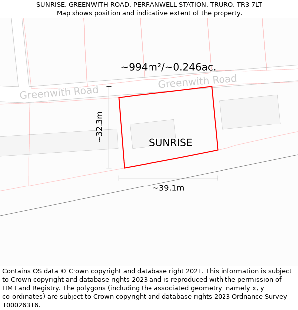 SUNRISE, GREENWITH ROAD, PERRANWELL STATION, TRURO, TR3 7LT: Plot and title map