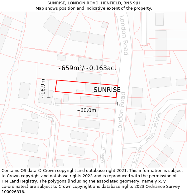 SUNRISE, LONDON ROAD, HENFIELD, BN5 9JH: Plot and title map