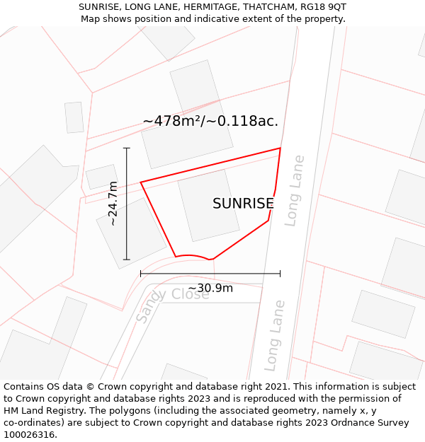 SUNRISE, LONG LANE, HERMITAGE, THATCHAM, RG18 9QT: Plot and title map