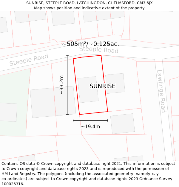 SUNRISE, STEEPLE ROAD, LATCHINGDON, CHELMSFORD, CM3 6JX: Plot and title map