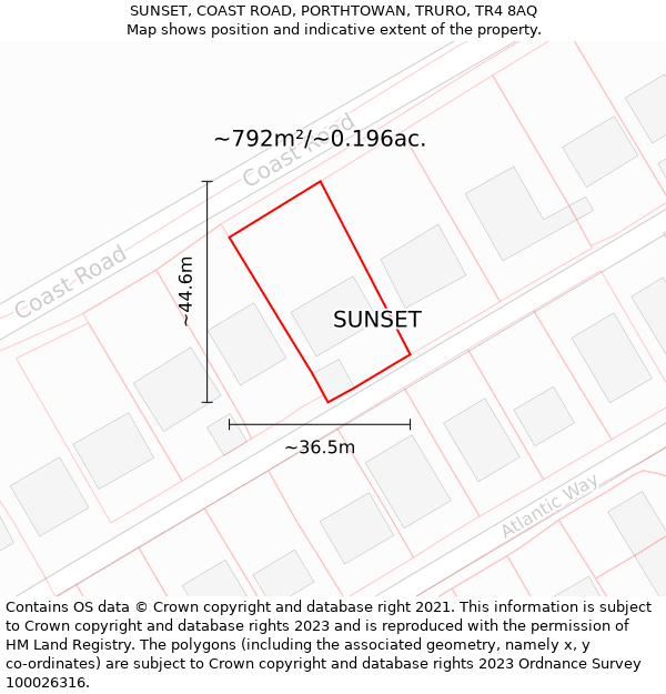 SUNSET, COAST ROAD, PORTHTOWAN, TRURO, TR4 8AQ: Plot and title map