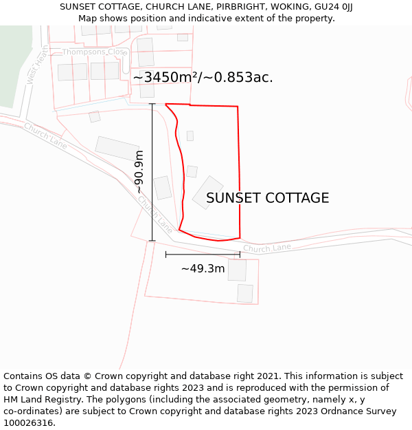 SUNSET COTTAGE, CHURCH LANE, PIRBRIGHT, WOKING, GU24 0JJ: Plot and title map