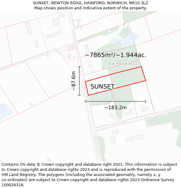 SUNSET, NEWTON ROAD, HAINFORD, NORWICH, NR10 3LZ: Plot and title map