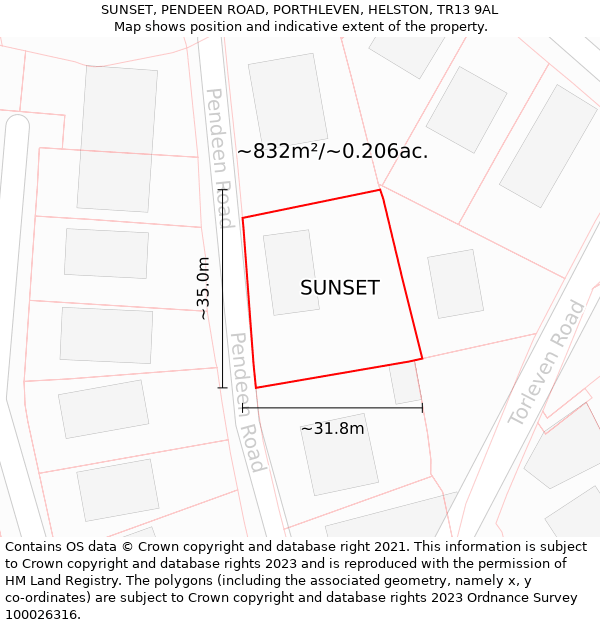 SUNSET, PENDEEN ROAD, PORTHLEVEN, HELSTON, TR13 9AL: Plot and title map