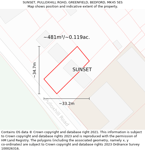 SUNSET, PULLOXHILL ROAD, GREENFIELD, BEDFORD, MK45 5ES: Plot and title map