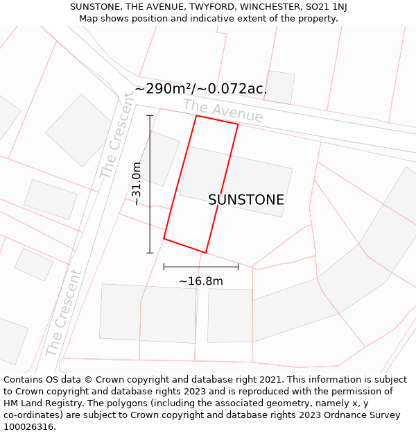 SUNSTONE, THE AVENUE, TWYFORD, WINCHESTER, SO21 1NJ: Plot and title map