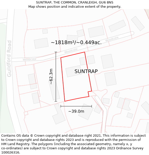 SUNTRAP, THE COMMON, CRANLEIGH, GU6 8NS: Plot and title map