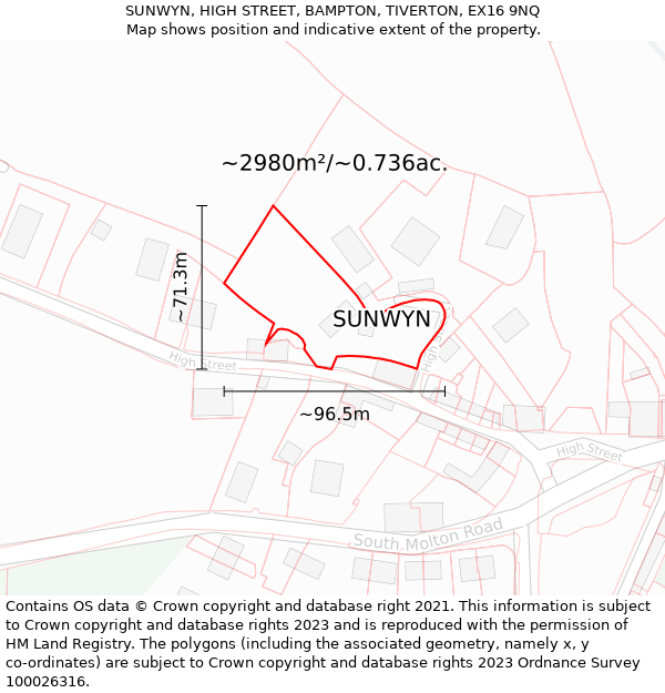 SUNWYN, HIGH STREET, BAMPTON, TIVERTON, EX16 9NQ: Plot and title map