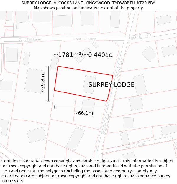 SURREY LODGE, ALCOCKS LANE, KINGSWOOD, TADWORTH, KT20 6BA: Plot and title map