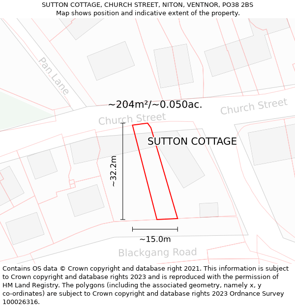 SUTTON COTTAGE, CHURCH STREET, NITON, VENTNOR, PO38 2BS: Plot and title map