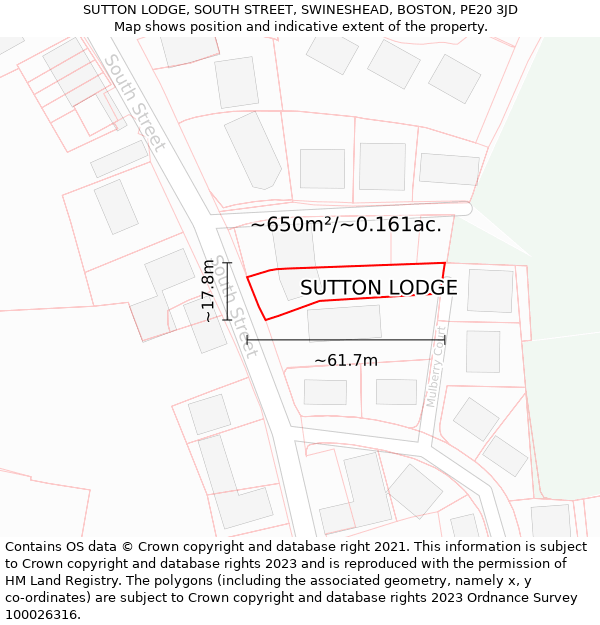 SUTTON LODGE, SOUTH STREET, SWINESHEAD, BOSTON, PE20 3JD: Plot and title map