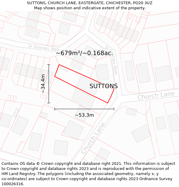 SUTTONS, CHURCH LANE, EASTERGATE, CHICHESTER, PO20 3UZ: Plot and title map