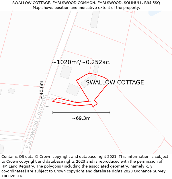 SWALLOW COTTAGE, EARLSWOOD COMMON, EARLSWOOD, SOLIHULL, B94 5SQ: Plot and title map