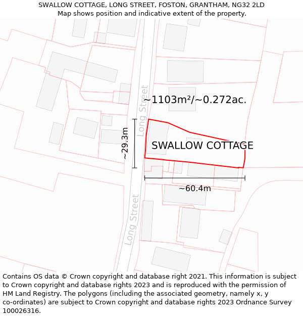 SWALLOW COTTAGE, LONG STREET, FOSTON, GRANTHAM, NG32 2LD: Plot and title map