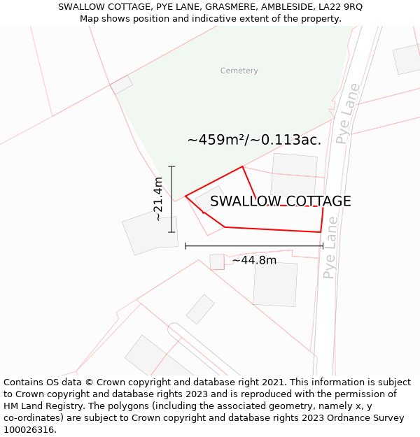 SWALLOW COTTAGE, PYE LANE, GRASMERE, AMBLESIDE, LA22 9RQ: Plot and title map