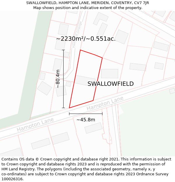 SWALLOWFIELD, HAMPTON LANE, MERIDEN, COVENTRY, CV7 7JR: Plot and title map