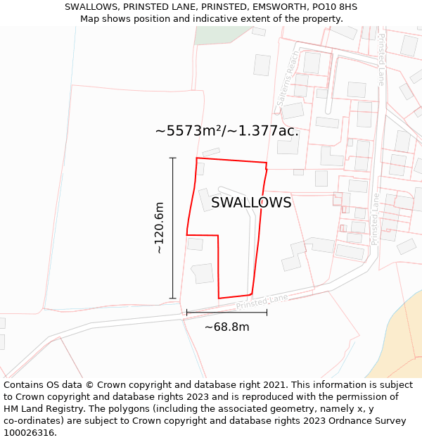 SWALLOWS, PRINSTED LANE, PRINSTED, EMSWORTH, PO10 8HS: Plot and title map