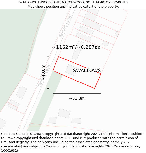 SWALLOWS, TWIGGS LANE, MARCHWOOD, SOUTHAMPTON, SO40 4UN: Plot and title map