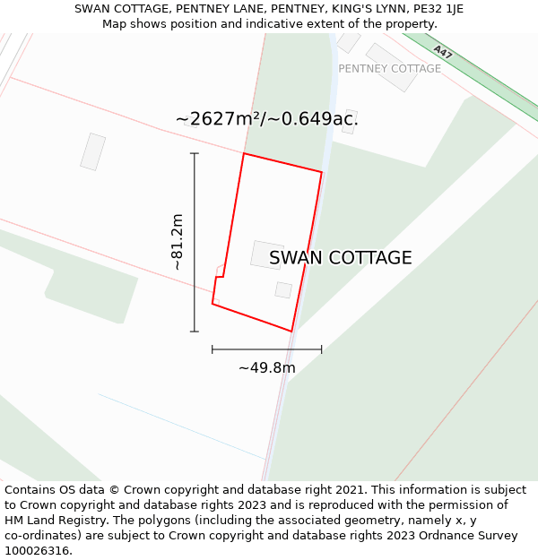 SWAN COTTAGE, PENTNEY LANE, PENTNEY, KING'S LYNN, PE32 1JE: Plot and title map