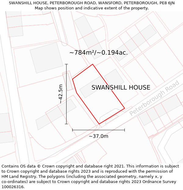 SWANSHILL HOUSE, PETERBOROUGH ROAD, WANSFORD, PETERBOROUGH, PE8 6JN: Plot and title map