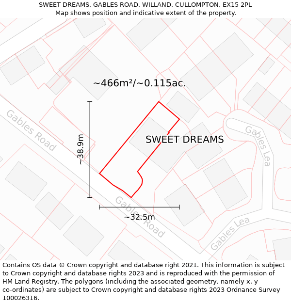 SWEET DREAMS, GABLES ROAD, WILLAND, CULLOMPTON, EX15 2PL: Plot and title map