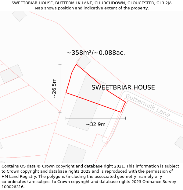 SWEETBRIAR HOUSE, BUTTERMILK LANE, CHURCHDOWN, GLOUCESTER, GL3 2JA: Plot and title map