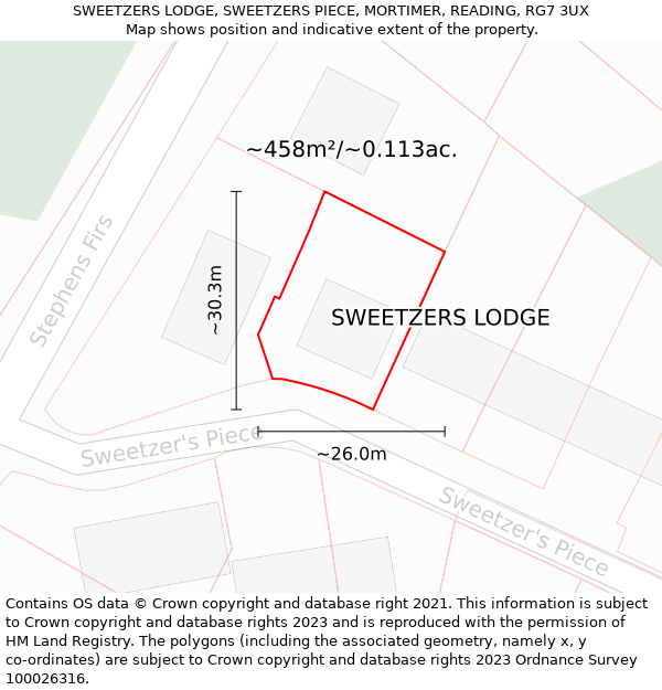 SWEETZERS LODGE, SWEETZERS PIECE, MORTIMER, READING, RG7 3UX: Plot and title map