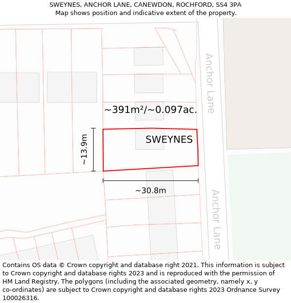SWEYNES, ANCHOR LANE, CANEWDON, ROCHFORD, SS4 3PA: Plot and title map