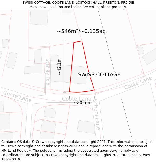 SWISS COTTAGE, COOTE LANE, LOSTOCK HALL, PRESTON, PR5 5JE: Plot and title map