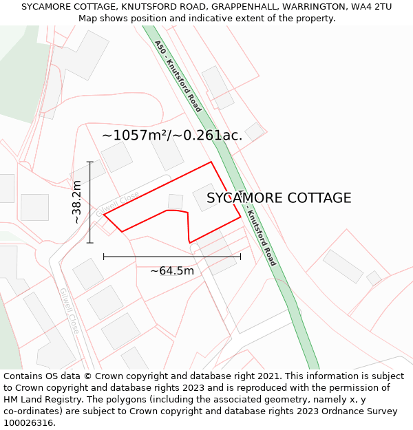 SYCAMORE COTTAGE, KNUTSFORD ROAD, GRAPPENHALL, WARRINGTON, WA4 2TU: Plot and title map