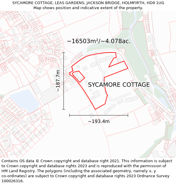 SYCAMORE COTTAGE, LEAS GARDENS, JACKSON BRIDGE, HOLMFIRTH, HD9 1UG: Plot and title map