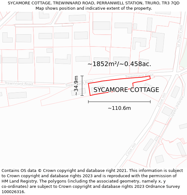 SYCAMORE COTTAGE, TREWINNARD ROAD, PERRANWELL STATION, TRURO, TR3 7QD: Plot and title map