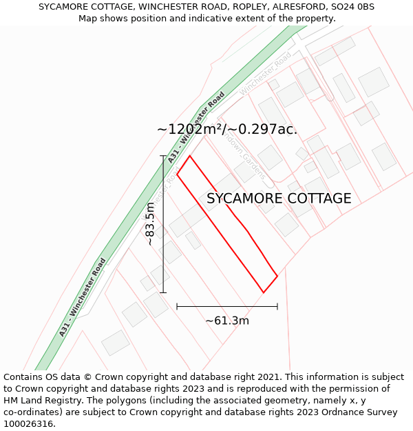 SYCAMORE COTTAGE, WINCHESTER ROAD, ROPLEY, ALRESFORD, SO24 0BS: Plot and title map