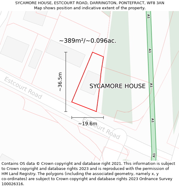 SYCAMORE HOUSE, ESTCOURT ROAD, DARRINGTON, PONTEFRACT, WF8 3AN: Plot and title map