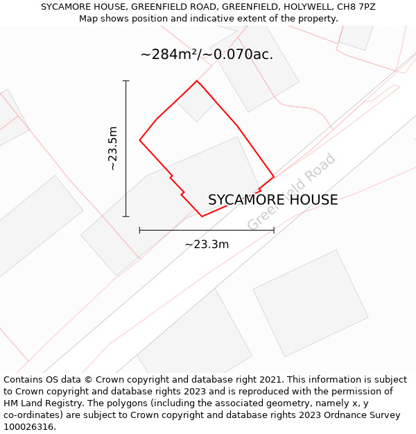 SYCAMORE HOUSE, GREENFIELD ROAD, GREENFIELD, HOLYWELL, CH8 7PZ: Plot and title map