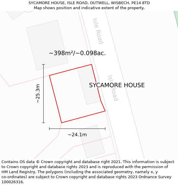 SYCAMORE HOUSE, ISLE ROAD, OUTWELL, WISBECH, PE14 8TD: Plot and title map