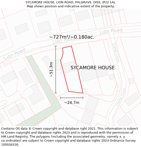 SYCAMORE HOUSE, LION ROAD, PALGRAVE, DISS, IP22 1AL: Plot and title map