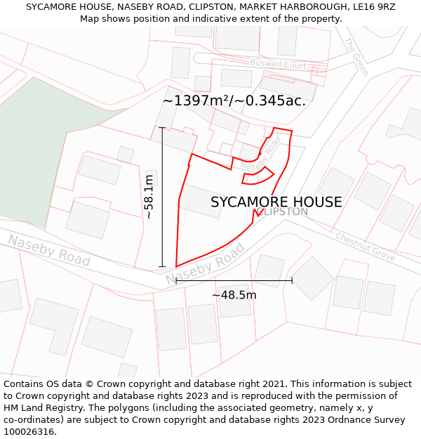 SYCAMORE HOUSE, NASEBY ROAD, CLIPSTON, MARKET HARBOROUGH, LE16 9RZ: Plot and title map