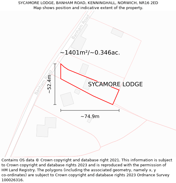 SYCAMORE LODGE, BANHAM ROAD, KENNINGHALL, NORWICH, NR16 2ED: Plot and title map