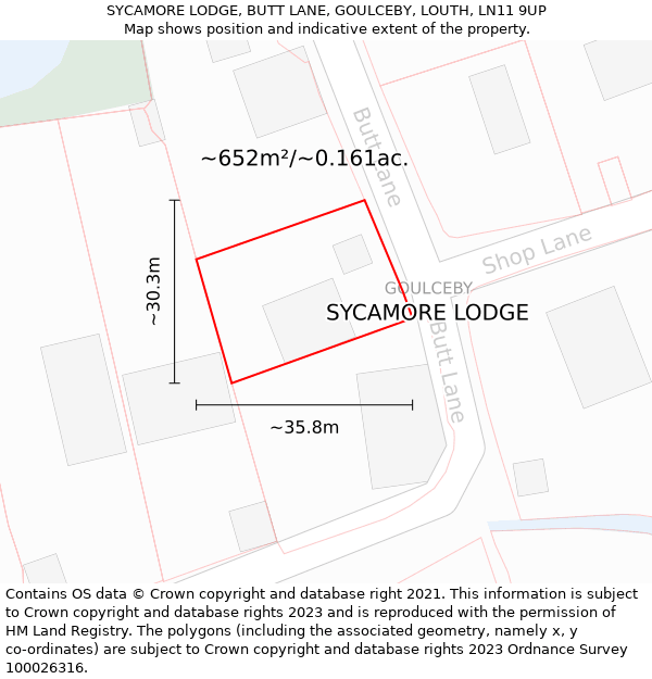 SYCAMORE LODGE, BUTT LANE, GOULCEBY, LOUTH, LN11 9UP: Plot and title map