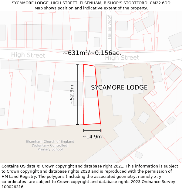 SYCAMORE LODGE, HIGH STREET, ELSENHAM, BISHOP'S STORTFORD, CM22 6DD: Plot and title map
