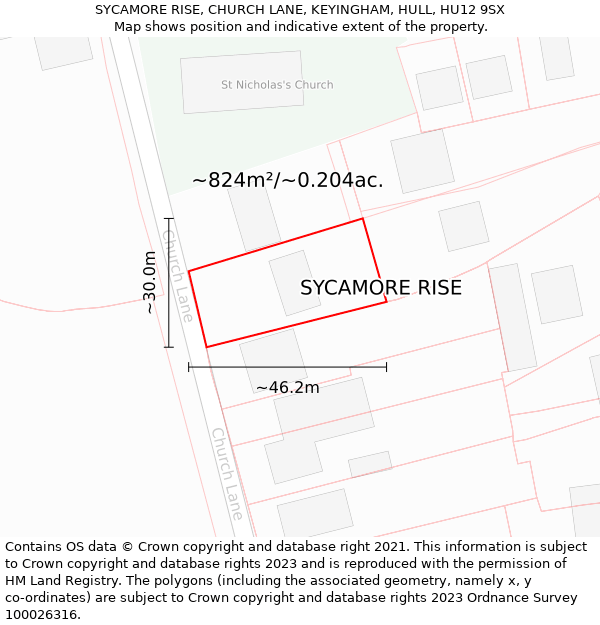 SYCAMORE RISE, CHURCH LANE, KEYINGHAM, HULL, HU12 9SX: Plot and title map