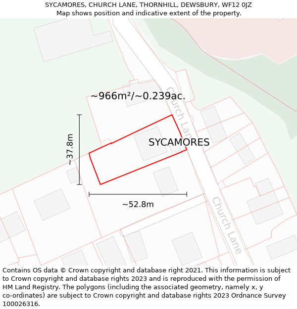 SYCAMORES, CHURCH LANE, THORNHILL, DEWSBURY, WF12 0JZ: Plot and title map